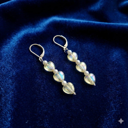 Earrings with transparent iridescent hearts and white pearls like new, silver