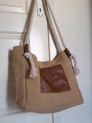 Paolo Bags beach bag new, handmade, linen fabric with leather details