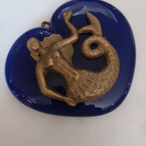 Good luck charm made of blown glass with bronze mermaid like new