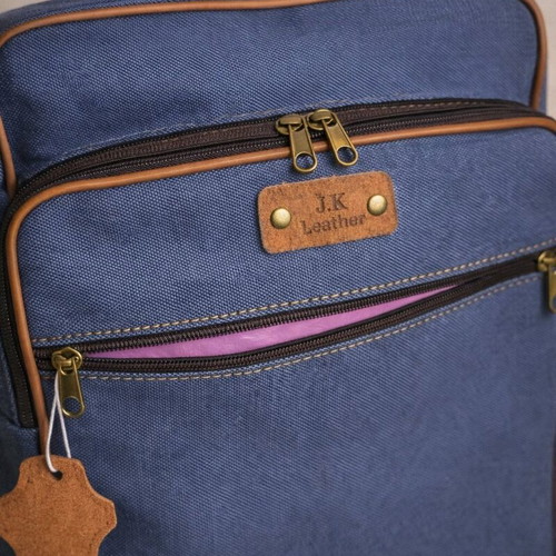 Handmade fabric backpack with leather details new blue brown