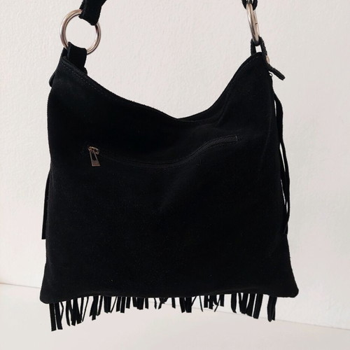 Genuine Leather crossbody bag used with fringes, black suede