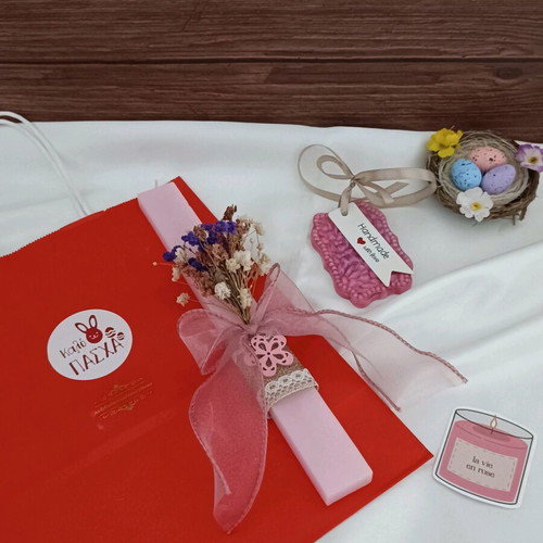 Handmade Easter Set with Pink 25cm Candle and Aromatic Wardrobe Tablet