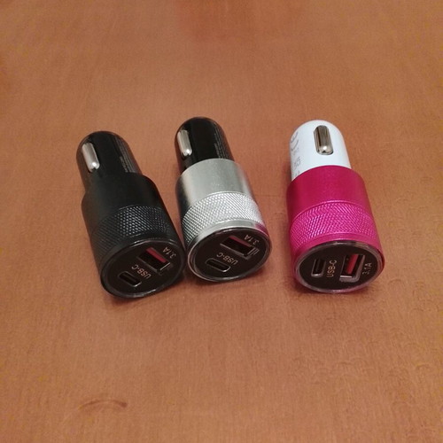 Car chargers new in three colors with USB and type c ports