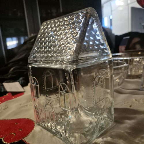 Glass embossed cookie jar new with lid