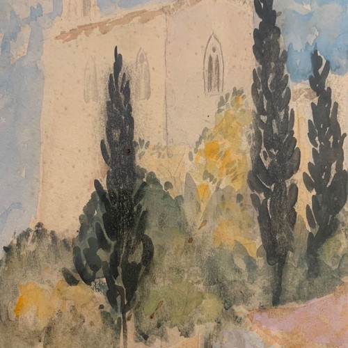 Watercolour painting used with Italian countryside theme, wooden frame