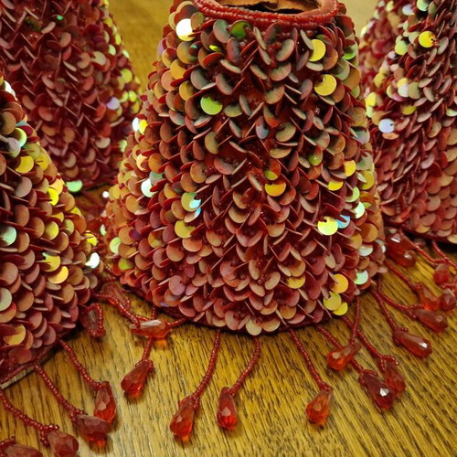 Vintage lampshades pack of 5 with red iridescent sequins and bead fringes used