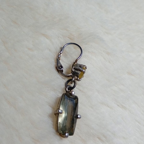 Silver earring with pale green stones, used, 100-year-old heirloom