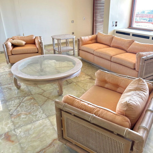 Vintage Bamboo sofa set like new, 3-seater couch with 2 armchairs and 2 tables