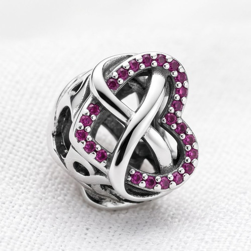 Pandora Infinity Family Red Heart Charm new, silver with red stones