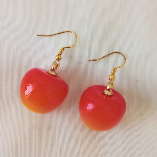 Cherry dangle earrings new, acrylic resin, orange and gold