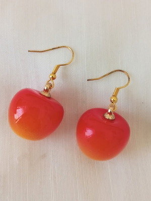 Cherry dangle earrings new, acrylic resin, orange and gold