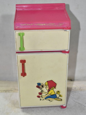 Retro children's kitchen fridge used, plastic and metal with illustration