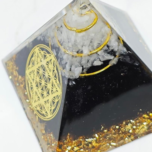 Orgonite pyramid with black tourmaline, quartz and Flower of Life symbol like new