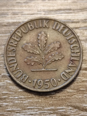 Νόμισμα 10 Pfennig μεταχειρισμένο από Δυτική Γερμανία 1950 με σήμα F