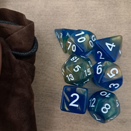 Brown leather D&D dice bag with blue and gold dice set