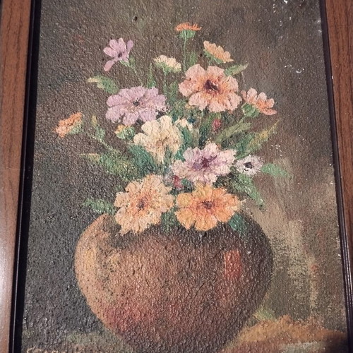 Vintage painting Vase with flowers by G. Papaioannou used