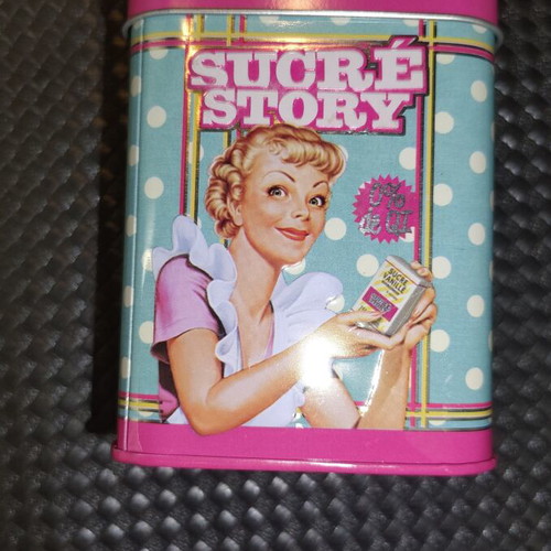 Vintage metal storage tin Sucré Story by Natives, new