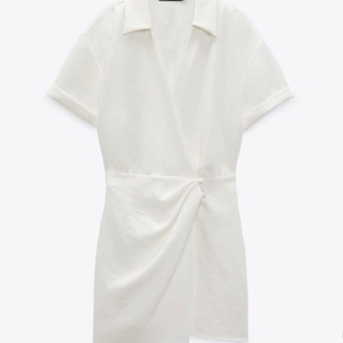 Zara mini dress, white, size XS, draped waist tie, collar