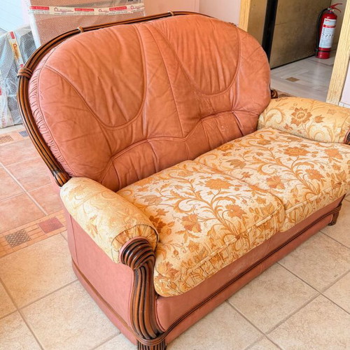 Living room set 5 pieces leather and fabric refurbished, Palazzo Athens