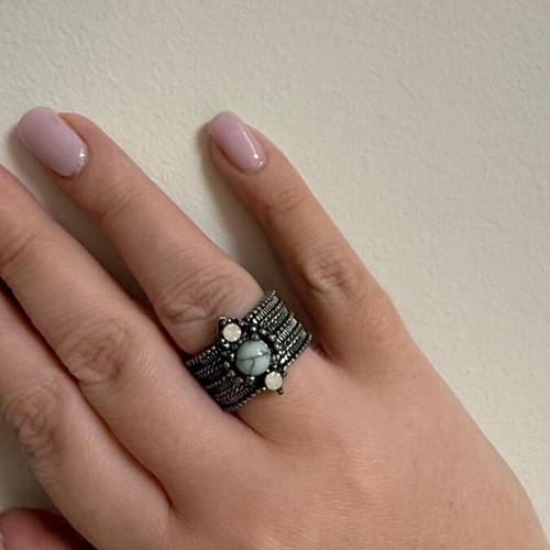 Vintage steel ring carved new with semi-precious gemstones