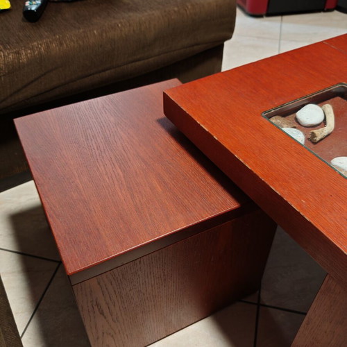 Coffee table used, cherry color MDF with drawers and stools