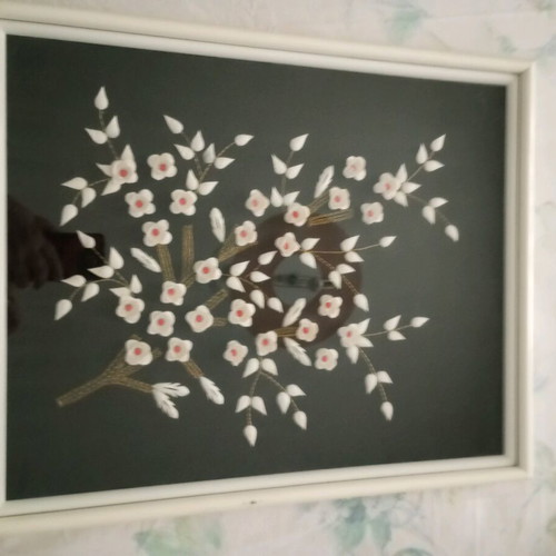 Framed textile painting hand-embroidered on black velvet like new