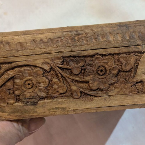 Vintage handmade carved wooden box jewelry case