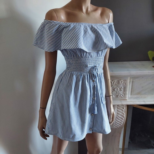 Zara summer off the shoulder dress blue white stripes size XS like new