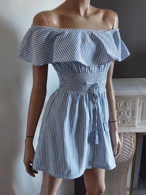 Zara καλοκαιρινό φόρεμα off the shoulder γαλάζιο άσπρο ριγέ μέγεθος XS σαν καινούργιο