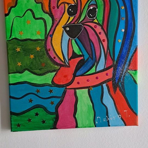 Painted canvas used with dog motif, 40x30 cm