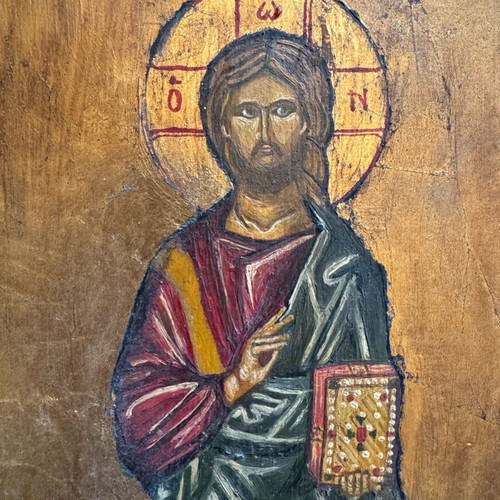 Handmade Christ icon used with traditional iconography powder