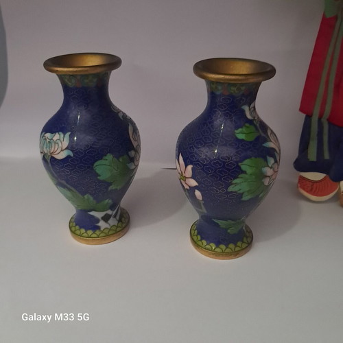 Pair of vintage cloisonné vases with floral design