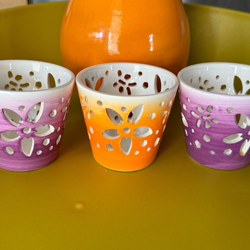 Orange vase 29 cm like new with 3 small matching candle holders gift