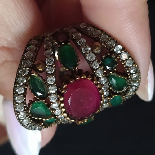 Ring decorated with rubies, emeralds and zirconia, size 7