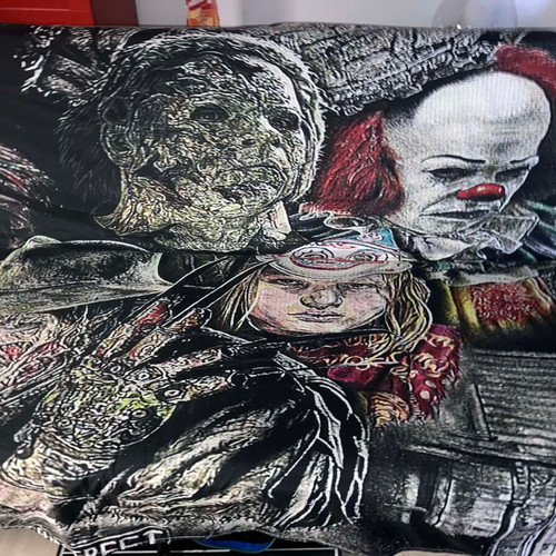 Vintage horror blanket used with graphic print, large 2x2.2m