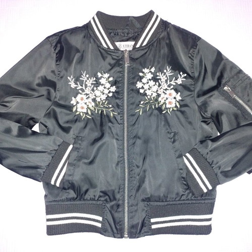 Bomber jacket for girls, satin fabric, black, size 122 cm