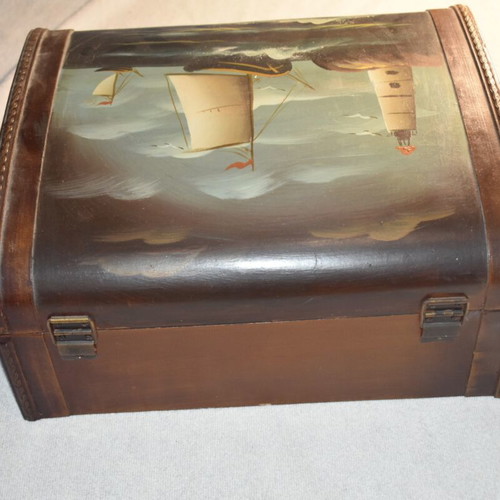 Wooden Storage Box with Nautical Theme vintage style used