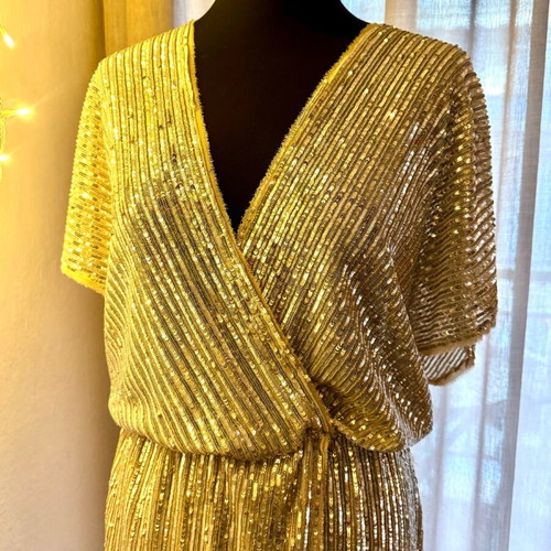 L.A. Dolls gold evening dress new, medium size with elastic waist