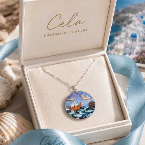 Handmade UNIQUE Necklace made of polymer clay with relief, coated with liquid glass. Steel chain
