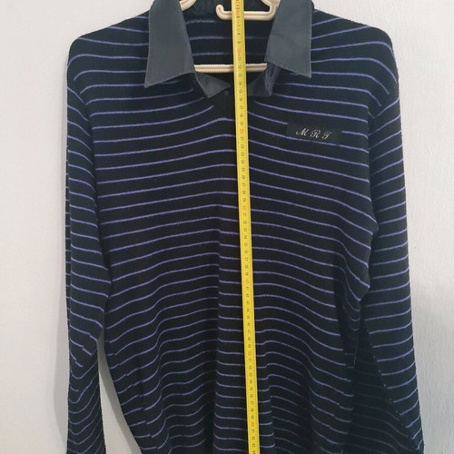 Martini knitted blouse XL used, black with purple stripes and collar