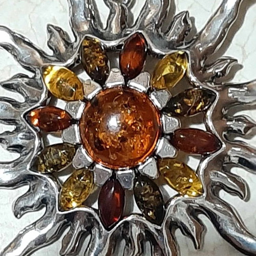 Sun pendant with Baltic amber in 925 silver, new, unworn
