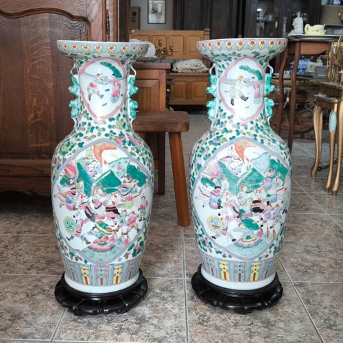 Pair of large Chinese porcelain vases with wooden stands, 1970s