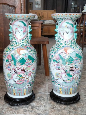 Pair of large Chinese porcelain vases with wooden stands, 1970s