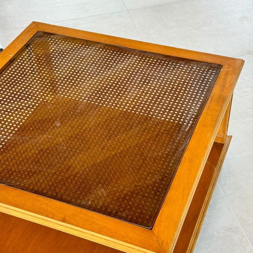 Rattan table used, walnut and glass