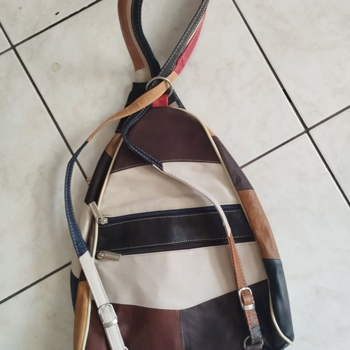 Multicolor genuine leather patchwork sling backpack