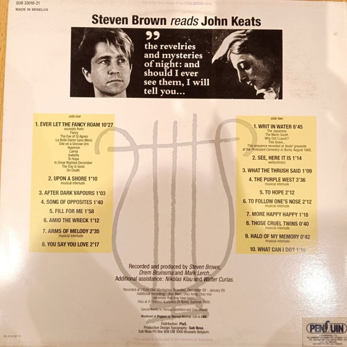 The Day Is Gone & Other Sonnets LP like new, Steven Brown reads John Keats