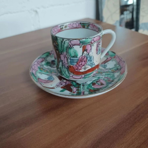 Chinese porcelain cup and saucer set 2 handpainted, used, collectible