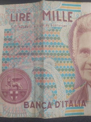 Ιταλικό χαρτονόμισμα 1.000 λιρών μεταχειρισμένο με τη μορφή της Maria Montessori 1990–2000