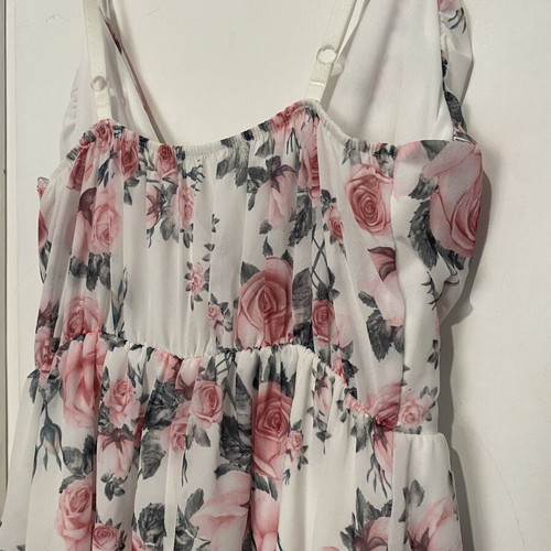 Floral dress new, adjustable straps, wrap cut, elastic under bust, white and pink