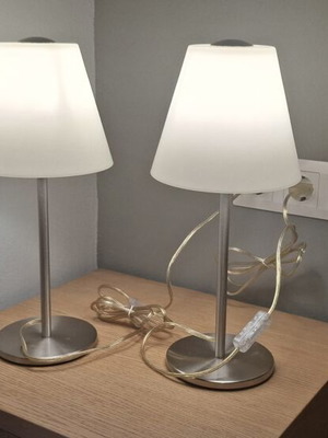 Viokef table lamps like new, white glass and inox, height 42 cm